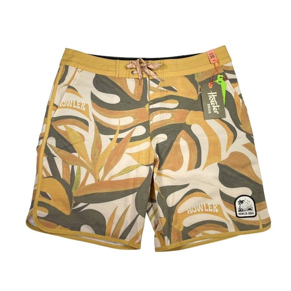Howler Bros Bruja Deluxe Stretch Board Shorts- Monstera Mash Citron- Mens 35 NWT - Picture 1 of 9